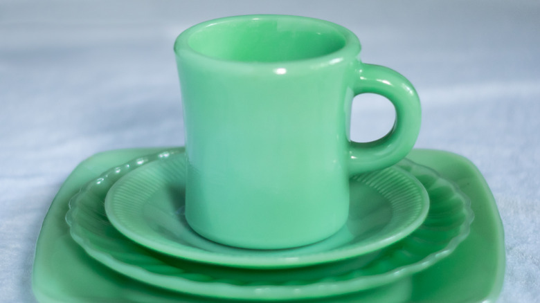 fire king jadeite mug and plates