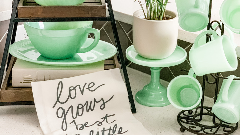 vintage jadeite dishes on display