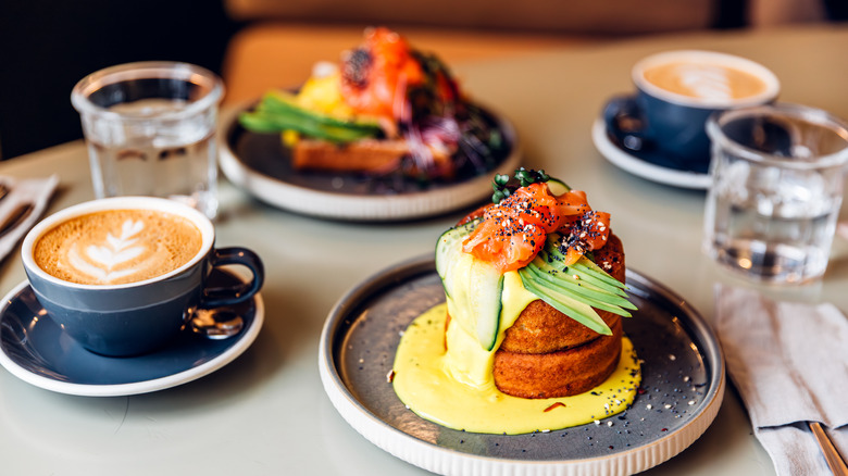 Upscale brunch dishes with coffee