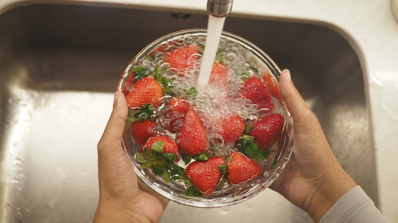 Hands washing strawberries in a bowl in the sink
