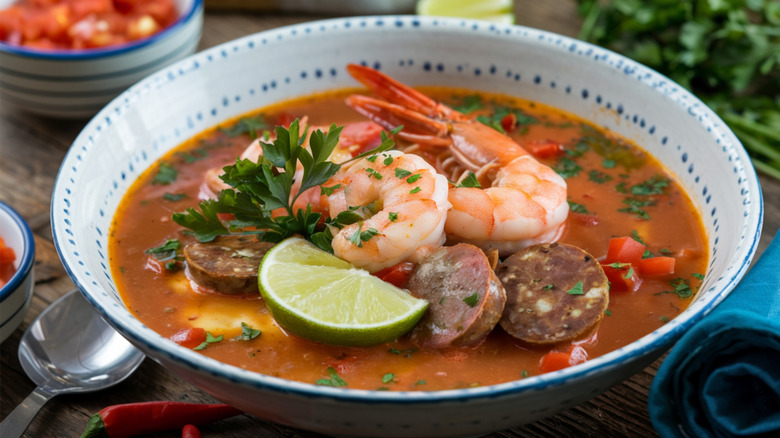 A seafood gumbo topped with shrimp.