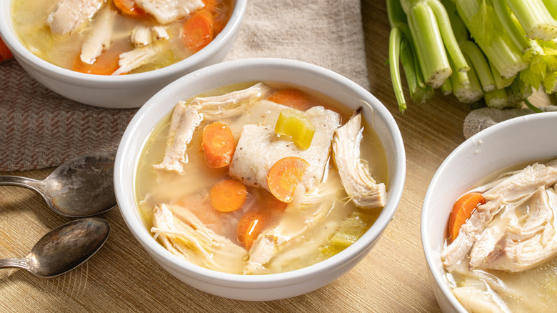 Bowls of chicken and dumplings