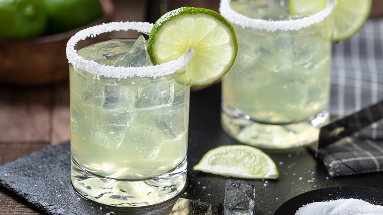 Salt-rimmed margarita with lime.