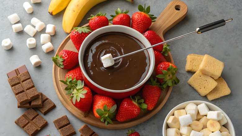 chocolate fondue with a variety of dippers and a skewer