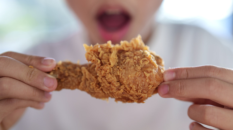 close-up of a person holding a fried chicken leg