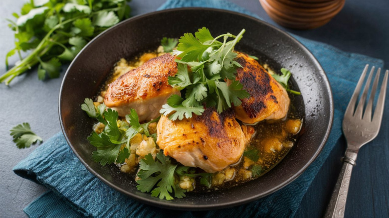 Chicken topped with cilantro