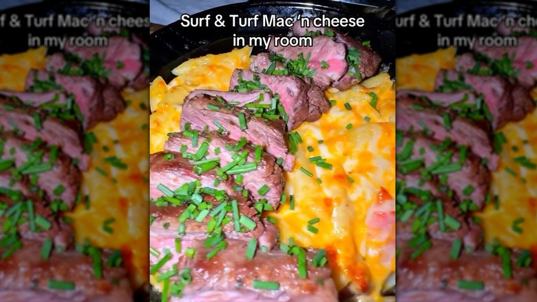 Steak on top of lobster mac 'n cheese from Instagram image