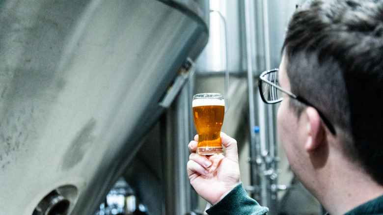 A man looking at a glass of beer
