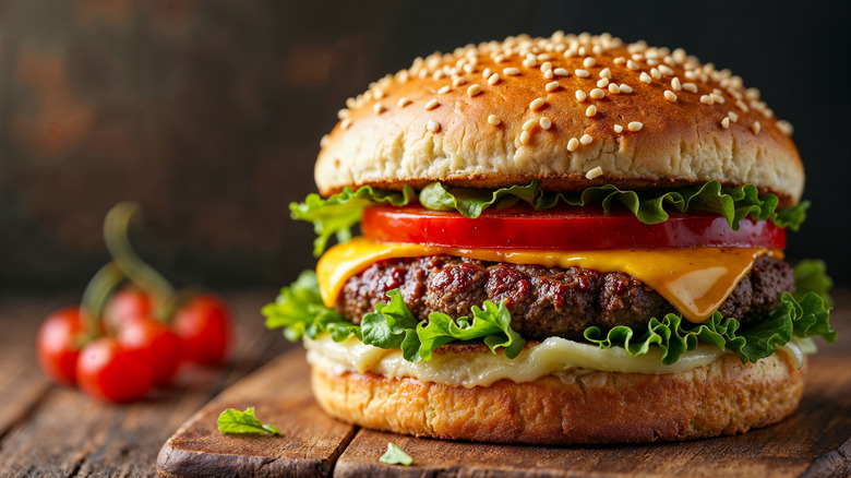 a burger on a wooden surface with tomatoes in the background
