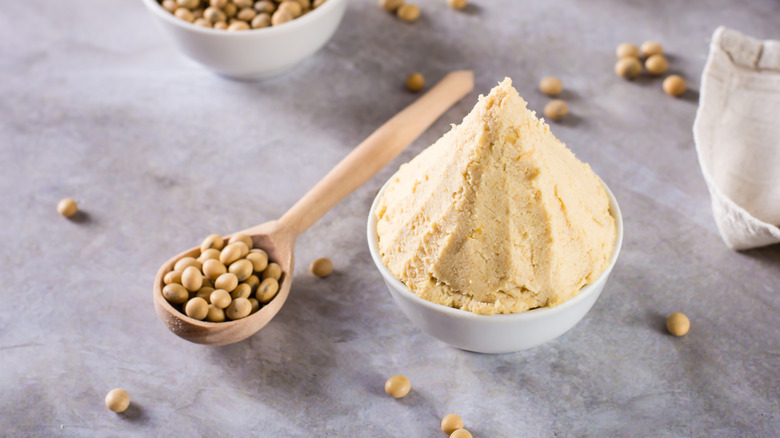 A heaping bowl of miso paste with soybeans on the side