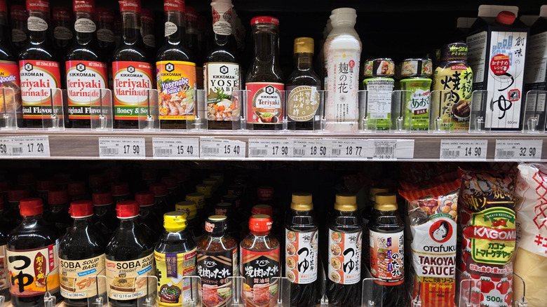 Different Japanese condiments on grocery shelves