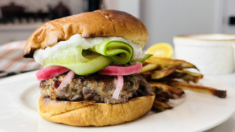 Juiciest lamb burger on plate