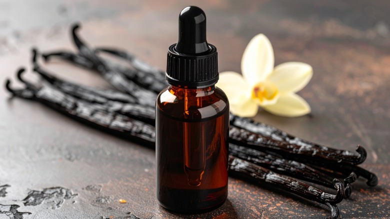 A small jar of vanilla extract in front of vanilla beans