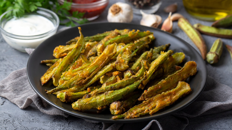 plate of deep fried okra with herbs