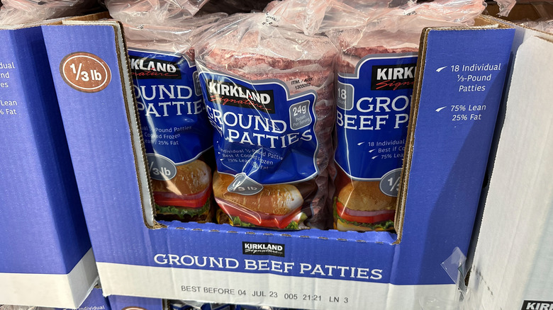 Box of bags of Kirkland Ground Beef Frozen Patties