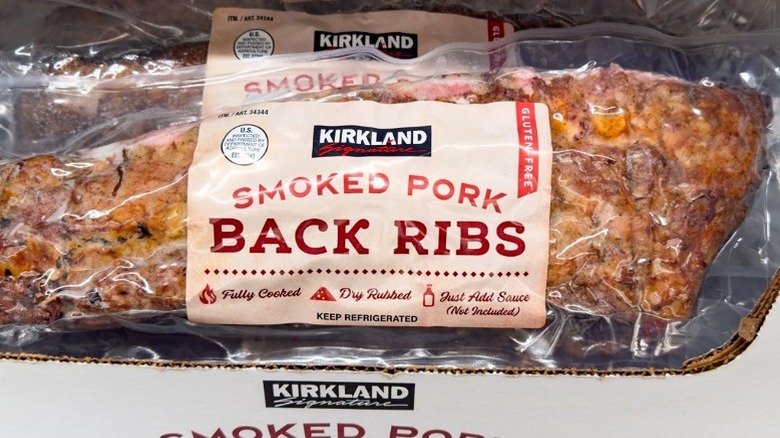 Costco's Kirkland Signature smoked pork back ribs in packages at the store.
