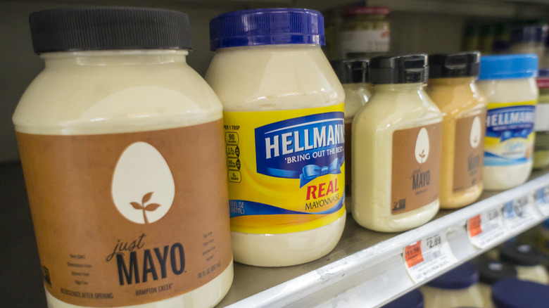 Mayonnaise jars on a store shelf