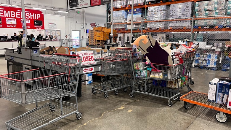 Interior of a Costco grocery store with shopping carts at a checkout lane