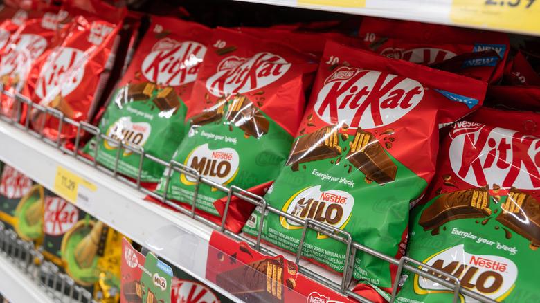 Packages of Milo KitKats on shelf