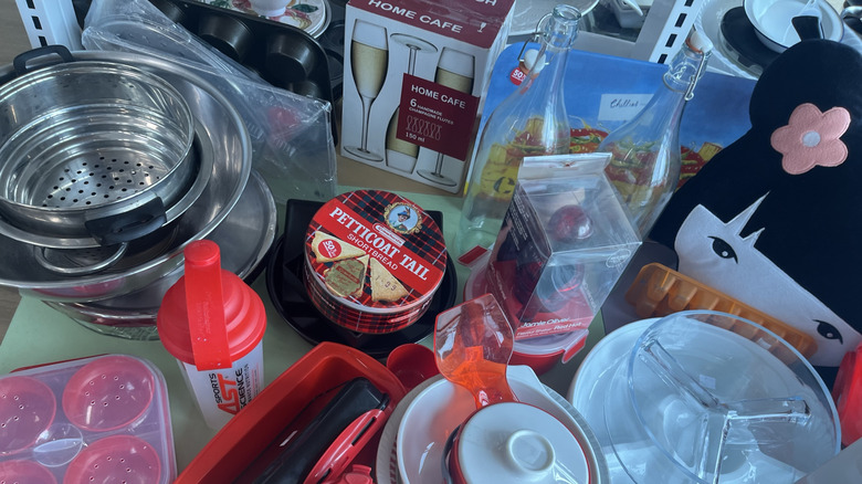 Assorted kitchen tools and objects at a thrift store
