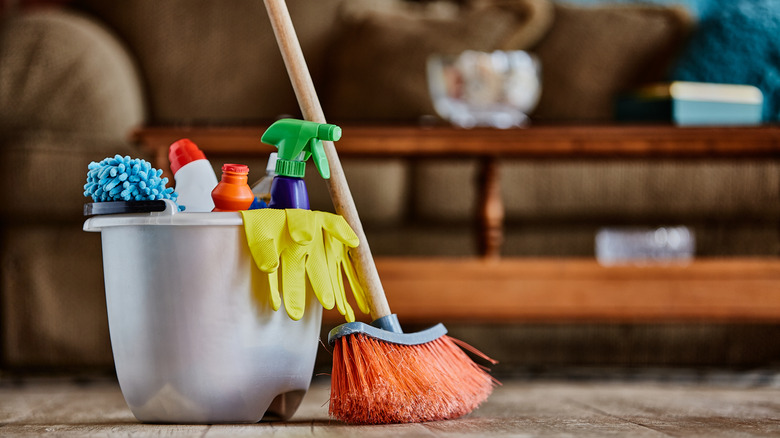 Cleaning products and a bucket