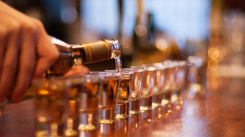 a row of shot glasses filled with whiskey