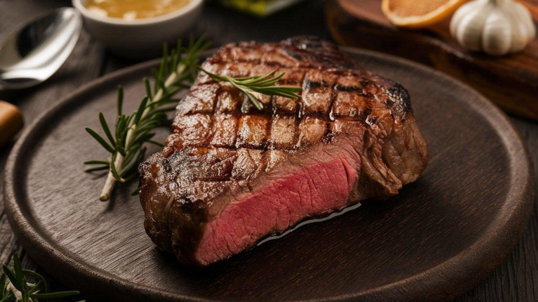Medium rare steak on a wooden plate.