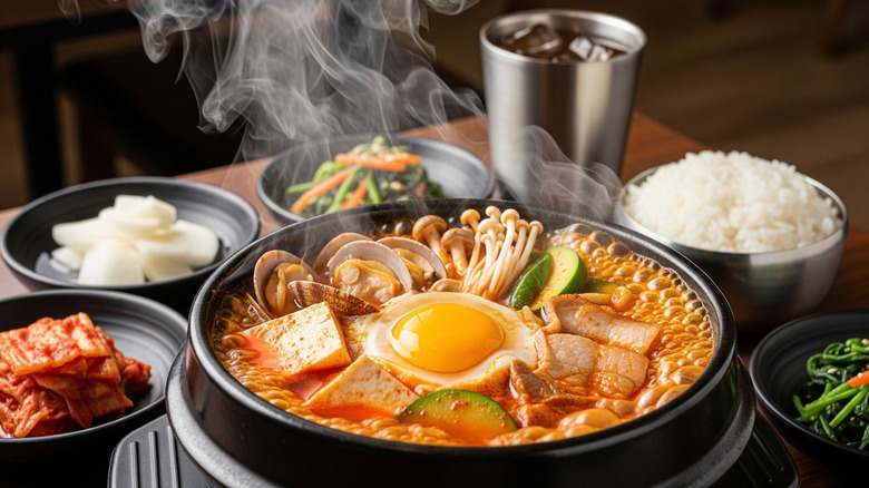 A steaming bowl of seafood kimchi-jjigae, with several side dishes around it