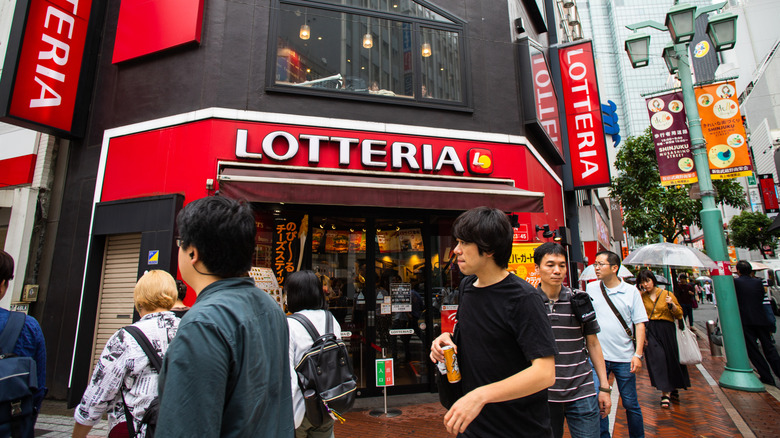 The red exterior of a Lotteria restaurant in Japan.