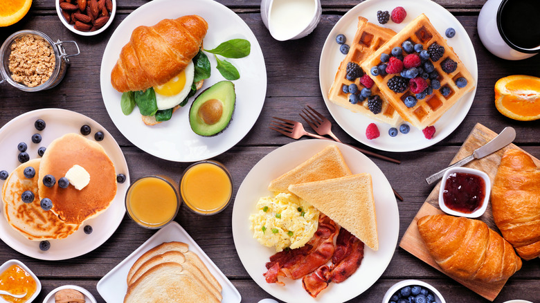 a breakfast spread on a table