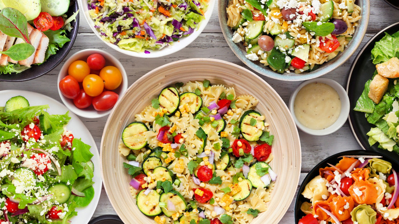 A variety of summery pasta salads