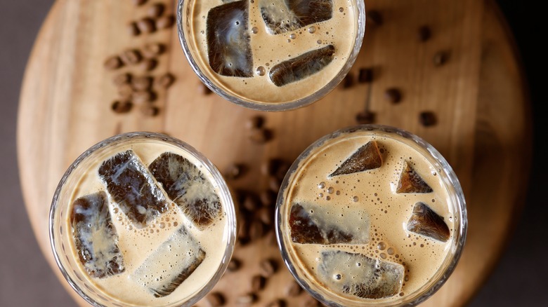 Iced coffee on tray 