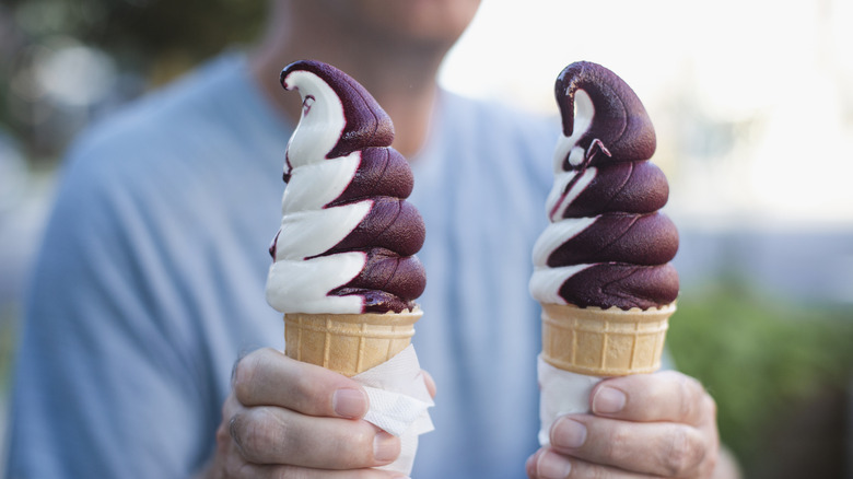 A man holding two ice cream cones filled with chocolate and vanilla swirled soft serve ice cream