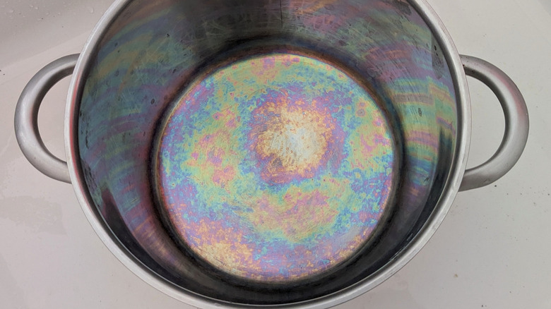 Rainbow stain caused by heat on a stainless steel pot