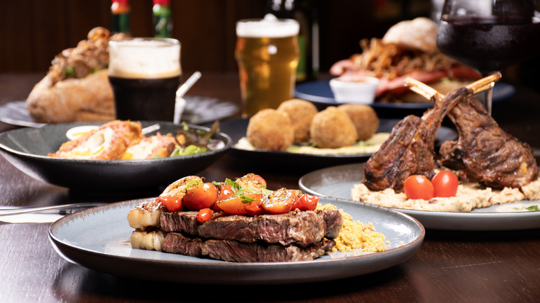 Food and drinks on the table at a steakhouse restaurant