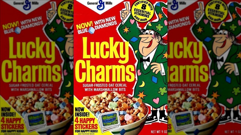 A vintage box of Lucky Charms showing Waldo the Wizard on the front