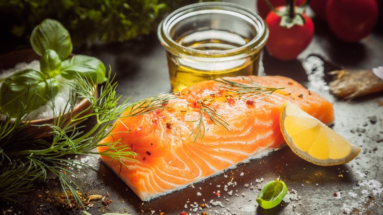 Salmon filet, lemon, and oil