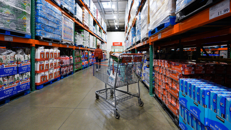 a shopping cart in a Costco aisle