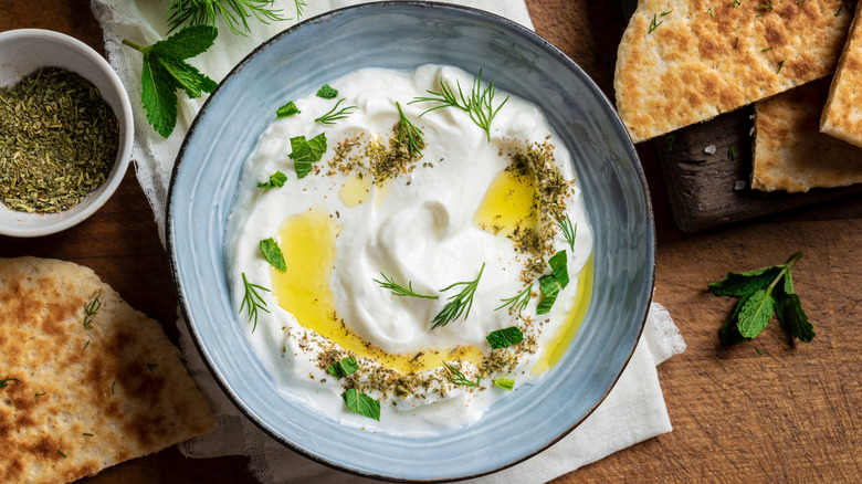 Labneh yogurt cream cheese in a bowl.