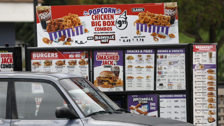 A menu in a Jack in the Box drive-thru