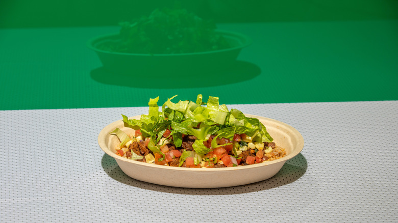 A Chipotle burrito bowl on a green and gray background