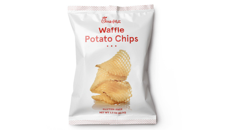 A bag of Chick-fil-A Waffle Potato Chips sits against a white background.