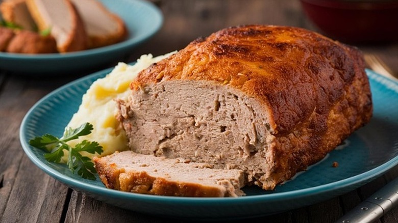 Sliced meatloaf on a plate with mashed potatoes.
