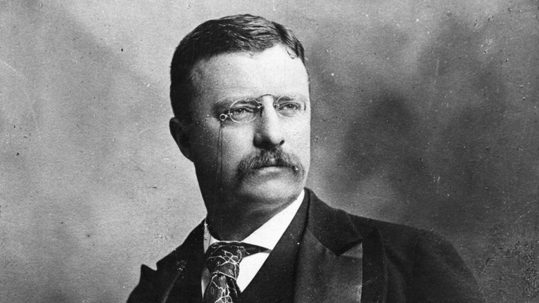 A black and white photo of Teddy Roosevelt