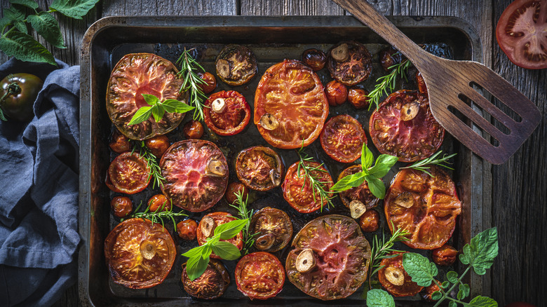 Sheet pan of roasted tomatoes