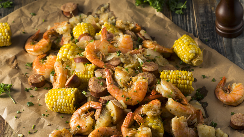 seafood boil spread out on table