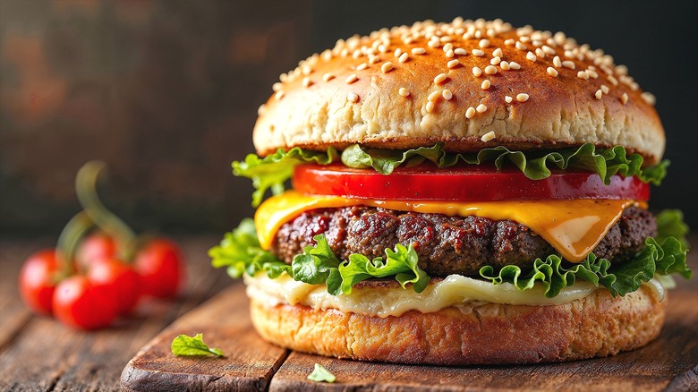 Burger with lettuce, tomato, and cheese on a sesame seed bun