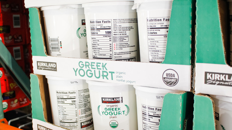Kirkland Greek Yogurt on the shelves at a Costco store