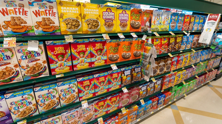 Rows of cereal on a store shelf