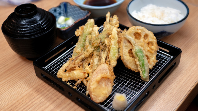 prepared vegetable tempura on a tray